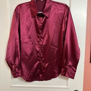Satiny Burgundy Button-Up Shirt 100% Polyester